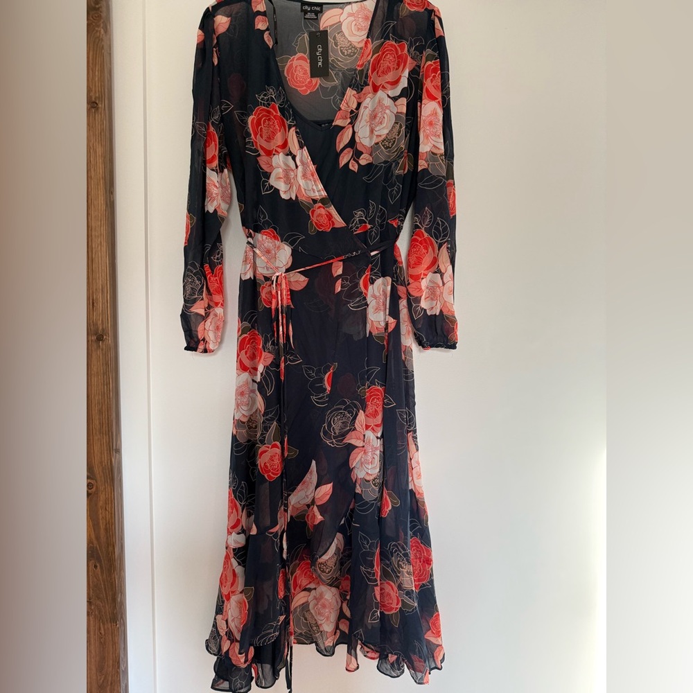 City Chic Kataleya Long Sleeve Chiffon Maxi Wrap Dress - Picture 3 of 9